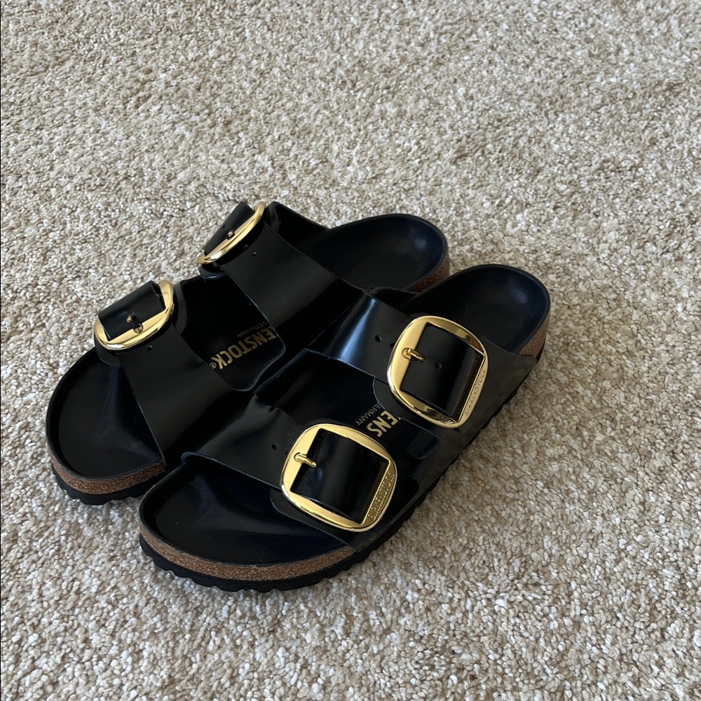Birkenstock Big Buckle Black Sandals with Gold Buckles